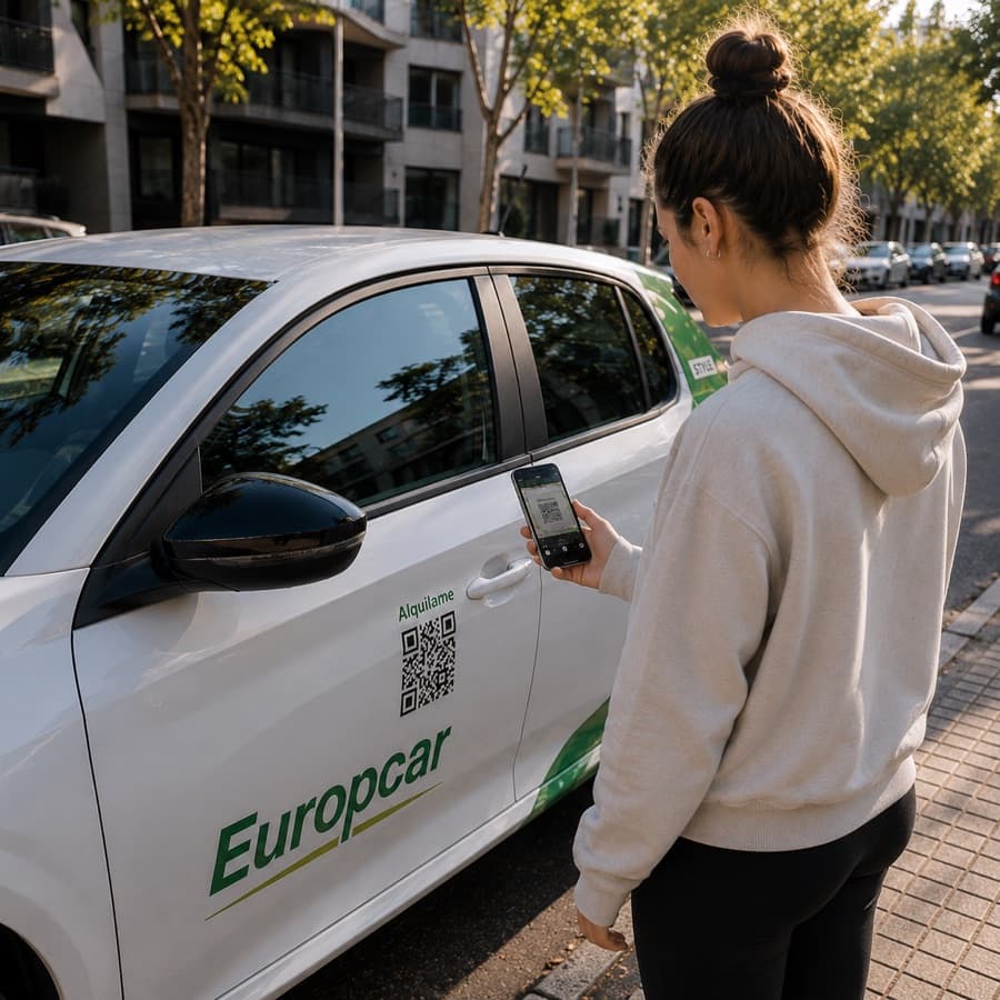 Someone scanning the QR code on the door of an OlaGO car with their phone